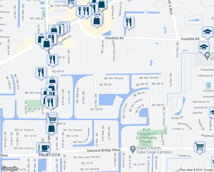 map of restaurants, bars, coffee shops, grocery stores, and more near 2002 Northeast 5th Street in Cape Coral