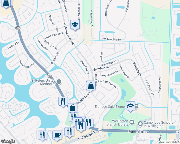 map of restaurants, bars, coffee shops, grocery stores, and more near 1386 White Pine Drive in Wellington