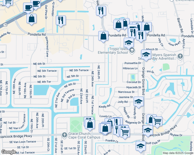 map of restaurants, bars, coffee shops, grocery stores, and more near 414 Northeast 25th Avenue in Cape Coral