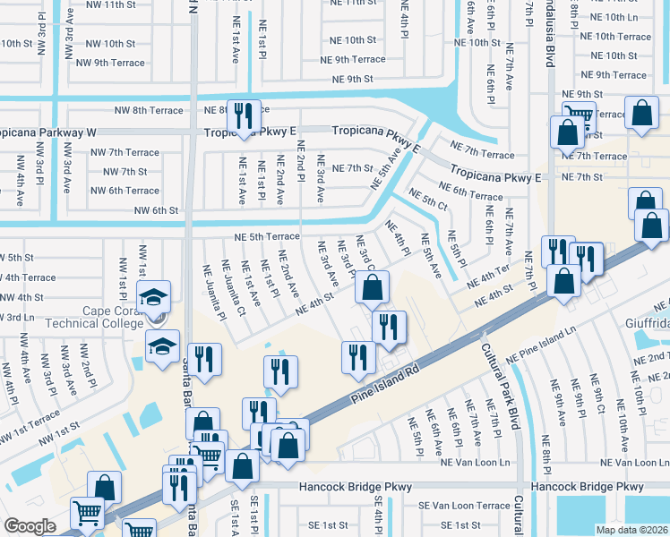 map of restaurants, bars, coffee shops, grocery stores, and more near 467 Northeast 3rd Avenue in Cape Coral