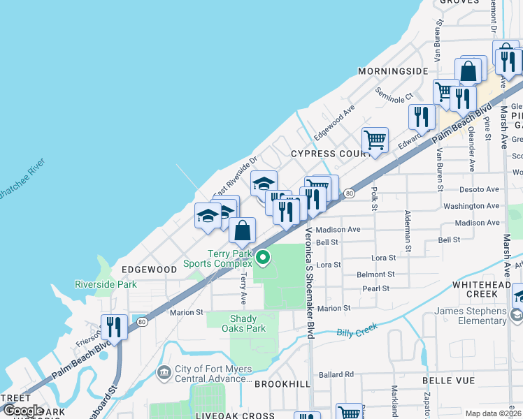 map of restaurants, bars, coffee shops, grocery stores, and more near 3464 Edgewood Avenue in Fort Myers