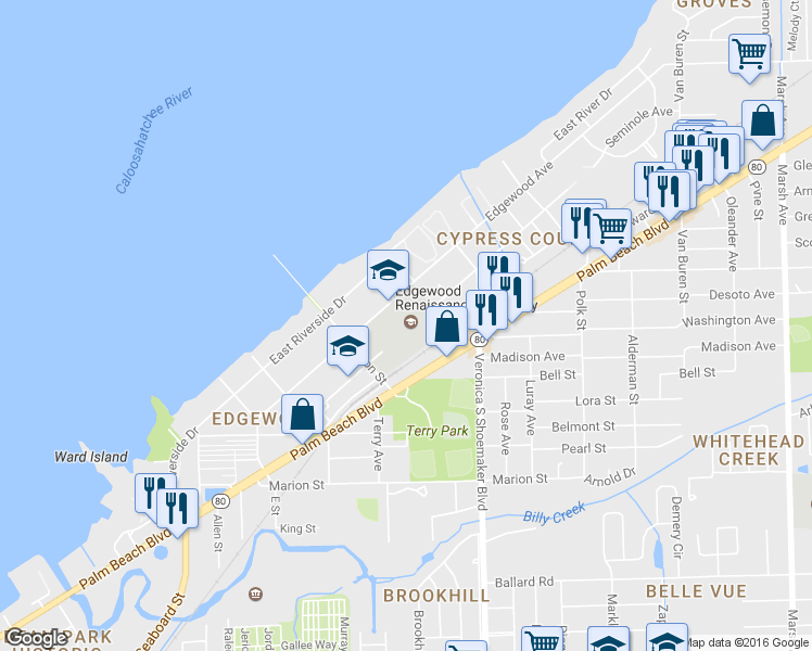 map of restaurants, bars, coffee shops, grocery stores, and more near 3460 Edgewood Avenue in Fort Myers