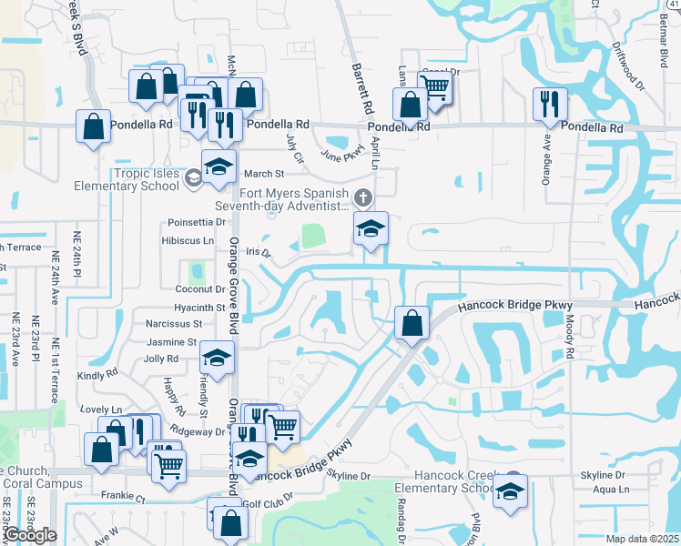 map of restaurants, bars, coffee shops, grocery stores, and more near 9350 Palm Island Circle in North Fort Myers