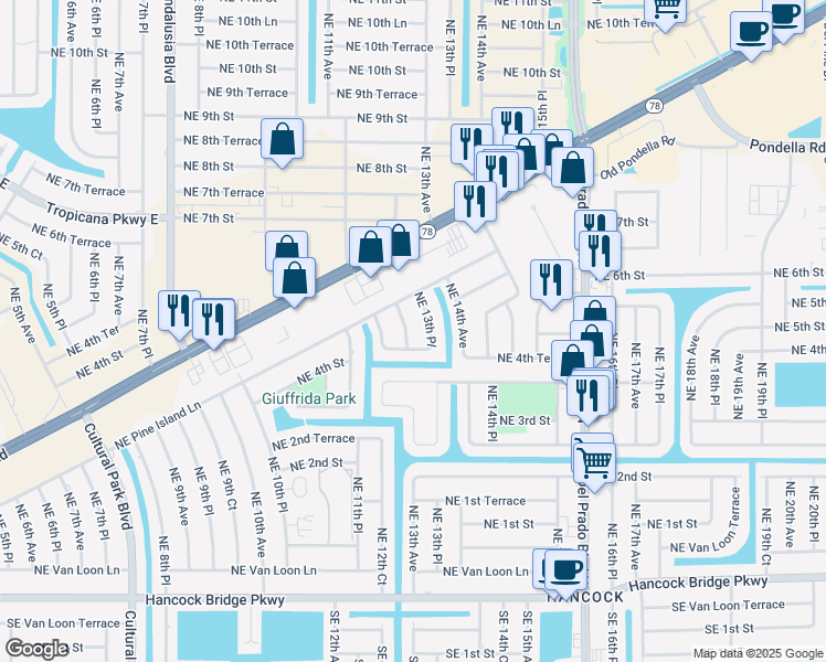 map of restaurants, bars, coffee shops, grocery stores, and more near 409 Northeast 13th Avenue in Cape Coral