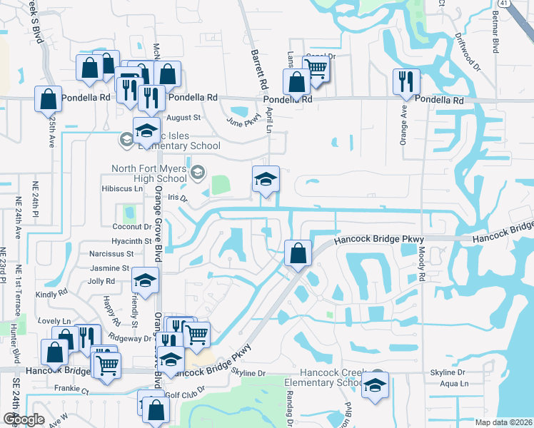 map of restaurants, bars, coffee shops, grocery stores, and more near 9308 Palm Island Circle in North Fort Myers