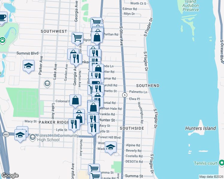 map of restaurants, bars, coffee shops, grocery stores, and more near 339 Palmetto Street in West Palm Beach