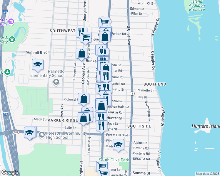 map of restaurants, bars, coffee shops, grocery stores, and more near 377 Palmetto Street in West Palm Beach