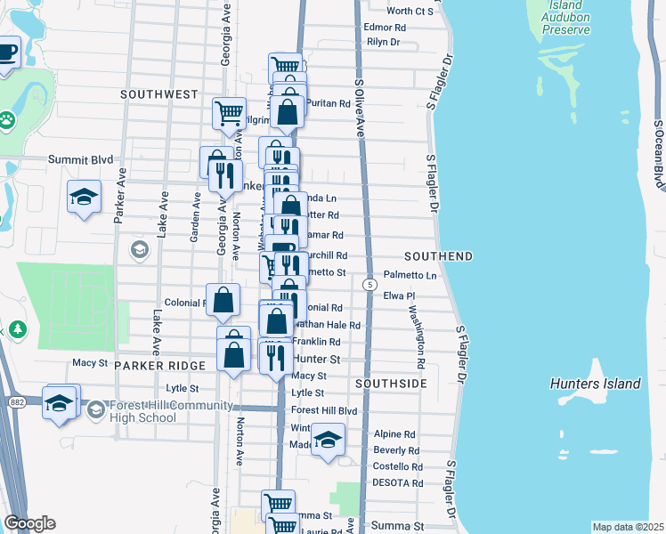 map of restaurants, bars, coffee shops, grocery stores, and more near 339 Palmetto Street in West Palm Beach
