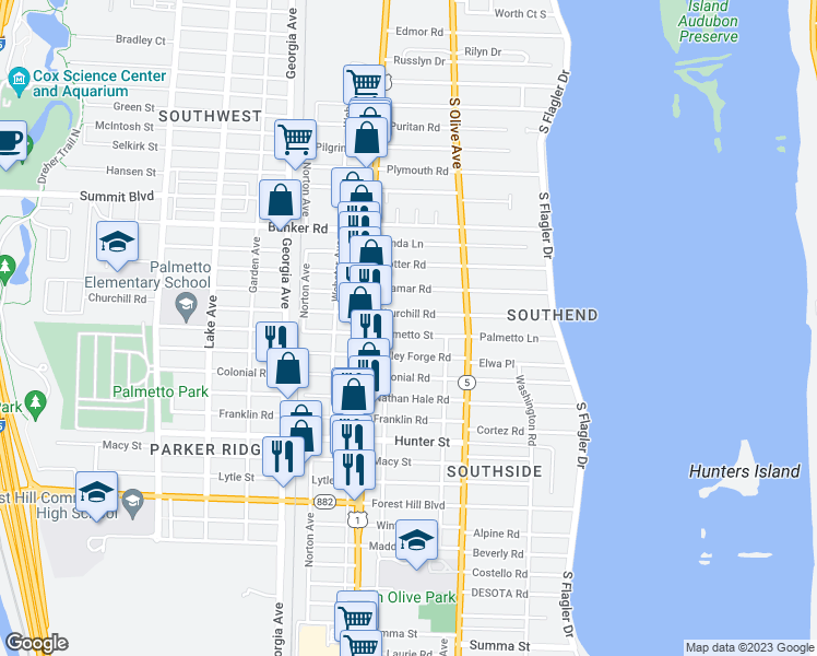 map of restaurants, bars, coffee shops, grocery stores, and more near 339 Palmetto Street in West Palm Beach