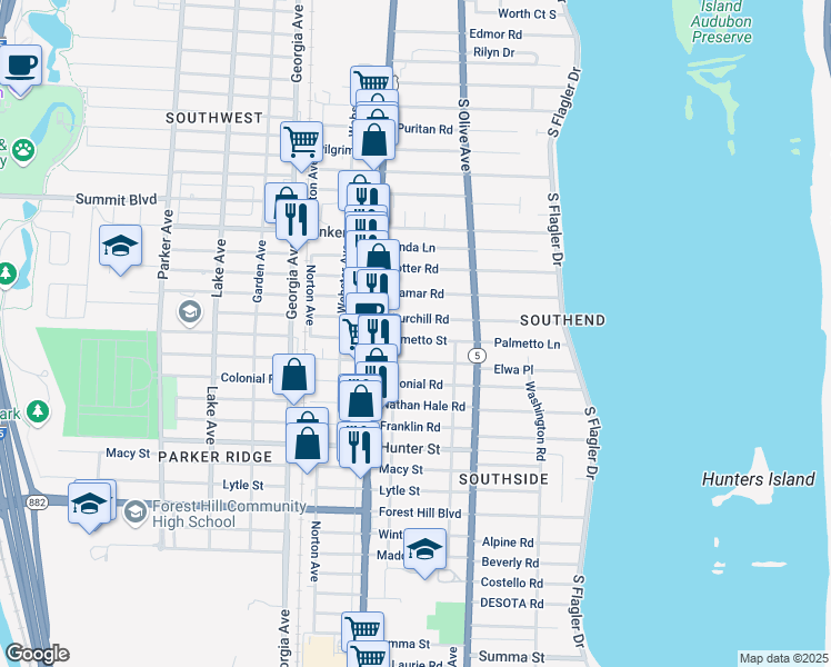 map of restaurants, bars, coffee shops, grocery stores, and more near 339 Palmetto Street in West Palm Beach