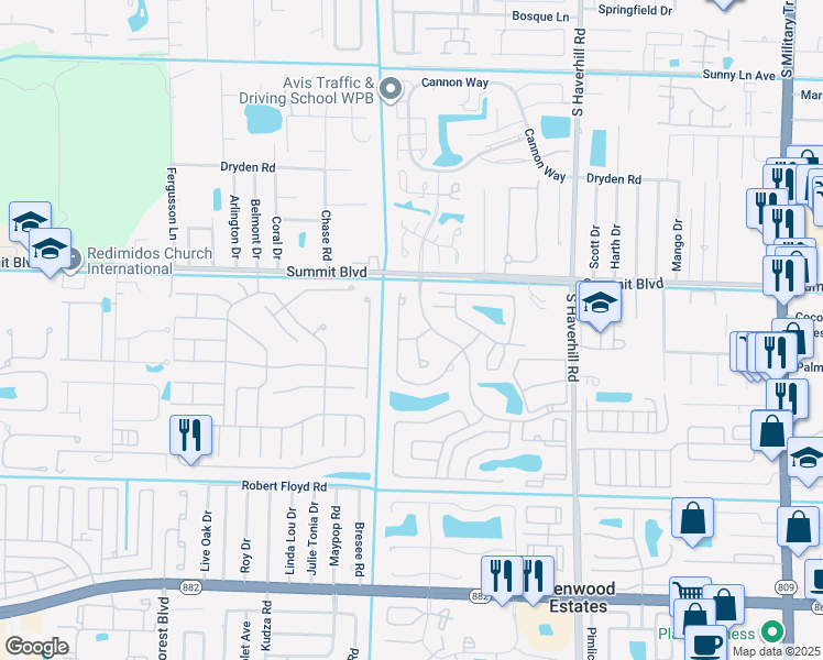 map of restaurants, bars, coffee shops, grocery stores, and more near 1080 Summit Place Circle in West Palm Beach