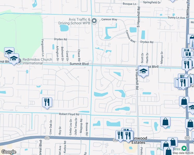 map of restaurants, bars, coffee shops, grocery stores, and more near 1080 Summit Place Circle in West Palm Beach