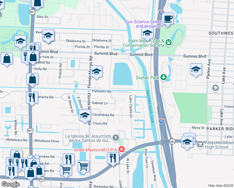 map of restaurants, bars, coffee shops, grocery stores, and more near 2258 Palmetto Road in West Palm Beach