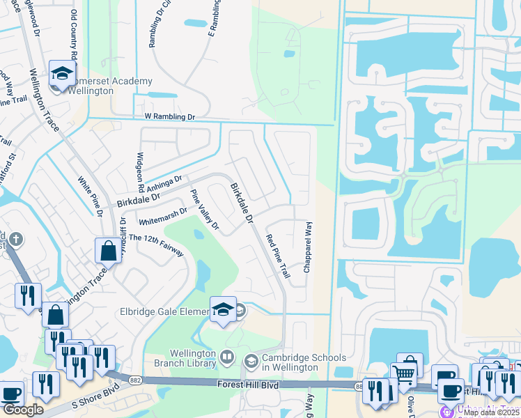 map of restaurants, bars, coffee shops, grocery stores, and more near 11276 Pine Valley Drive in Wellington