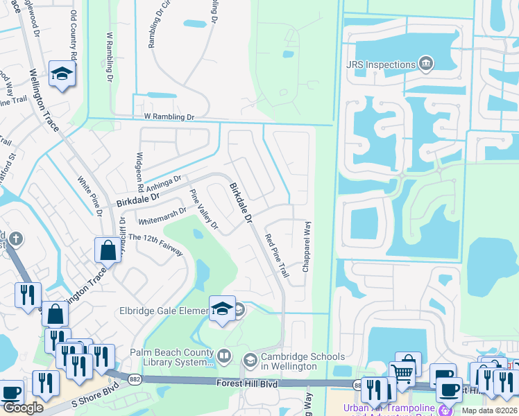map of restaurants, bars, coffee shops, grocery stores, and more near 11297 Pine Valley Drive in Wellington
