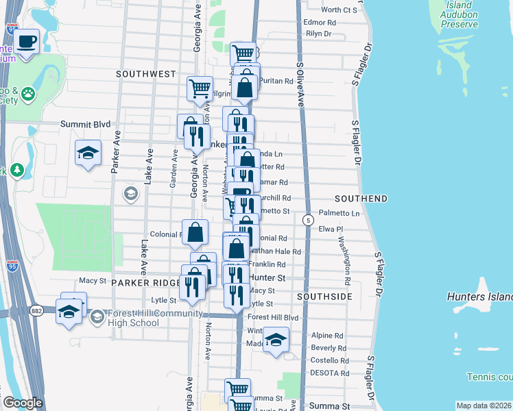 map of restaurants, bars, coffee shops, grocery stores, and more near 377 Palmetto Street in West Palm Beach