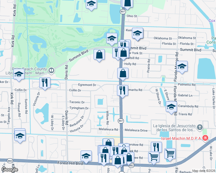 map of restaurants, bars, coffee shops, grocery stores, and more near 3120 Collin Drive in West Palm Beach