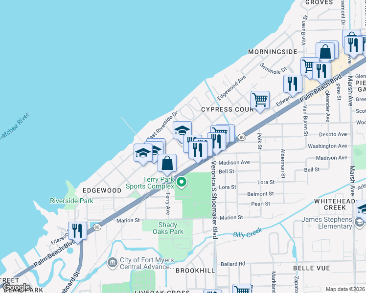 map of restaurants, bars, coffee shops, grocery stores, and more near 3464 Edgewood Avenue in Fort Myers