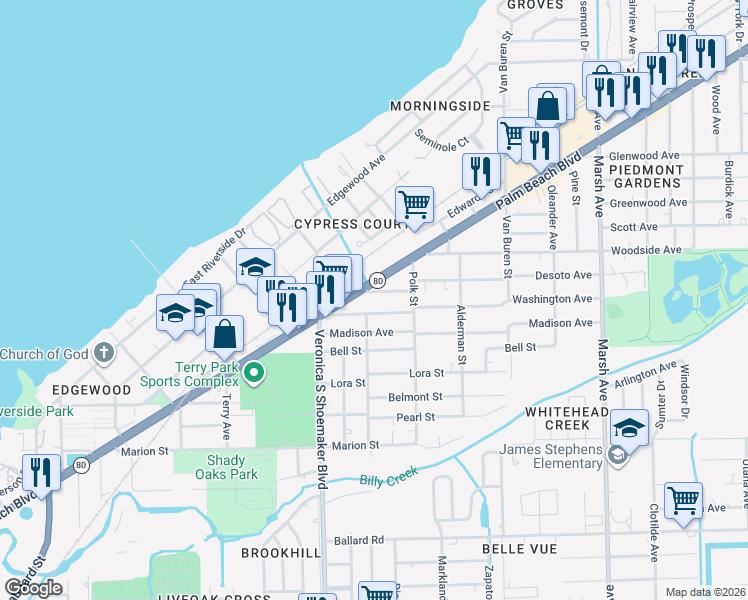 map of restaurants, bars, coffee shops, grocery stores, and more near 3718 Desoto Avenue in Fort Myers
