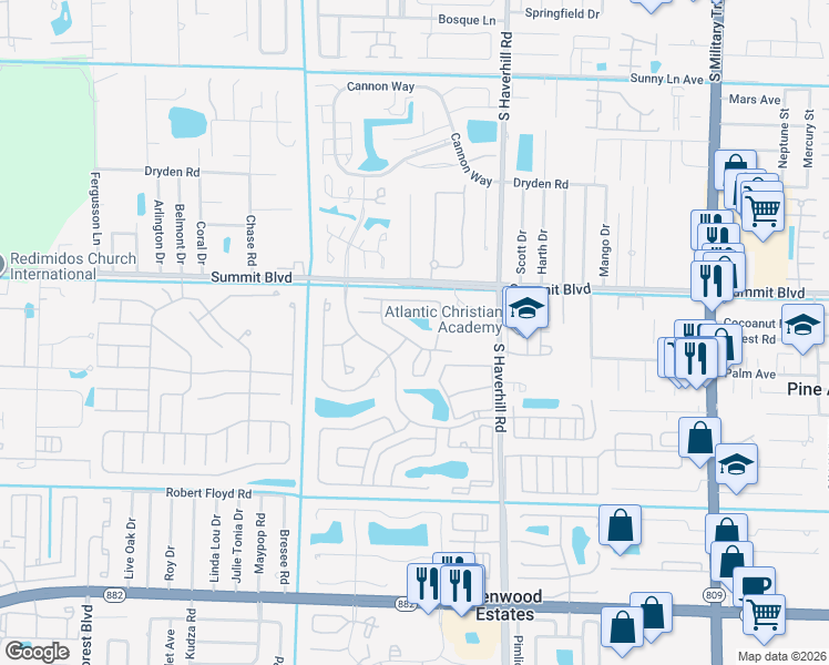 map of restaurants, bars, coffee shops, grocery stores, and more near 1001 Summit Trail Circle in West Palm Beach