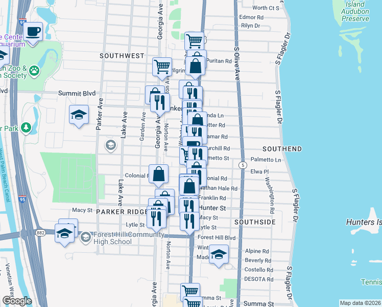 map of restaurants, bars, coffee shops, grocery stores, and more near 414 Palmetto Street in West Palm Beach