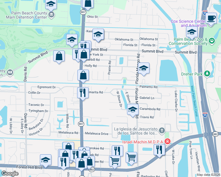map of restaurants, bars, coffee shops, grocery stores, and more near 2600 Palmarita Road in West Palm Beach