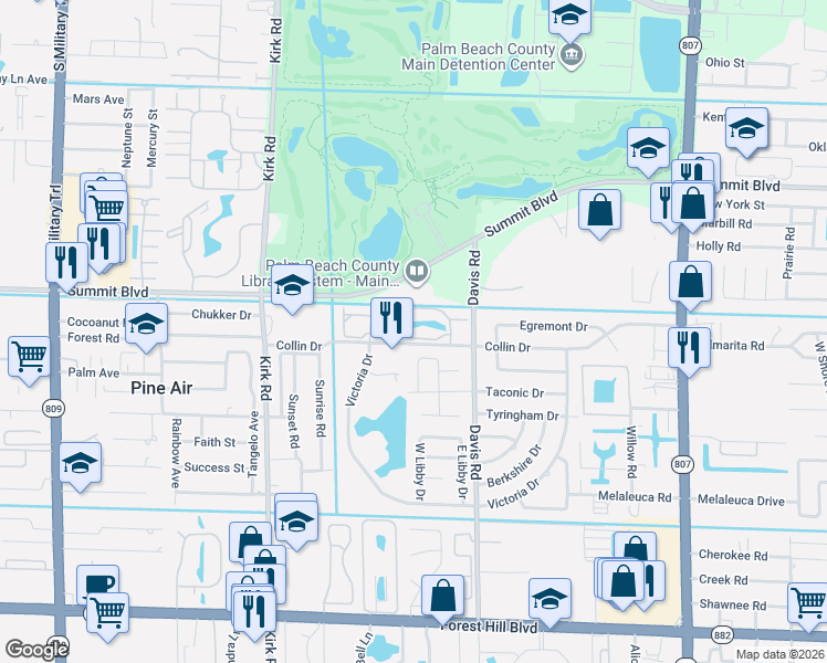 map of restaurants, bars, coffee shops, grocery stores, and more near 3627 Collinwood Lane in West Palm Beach