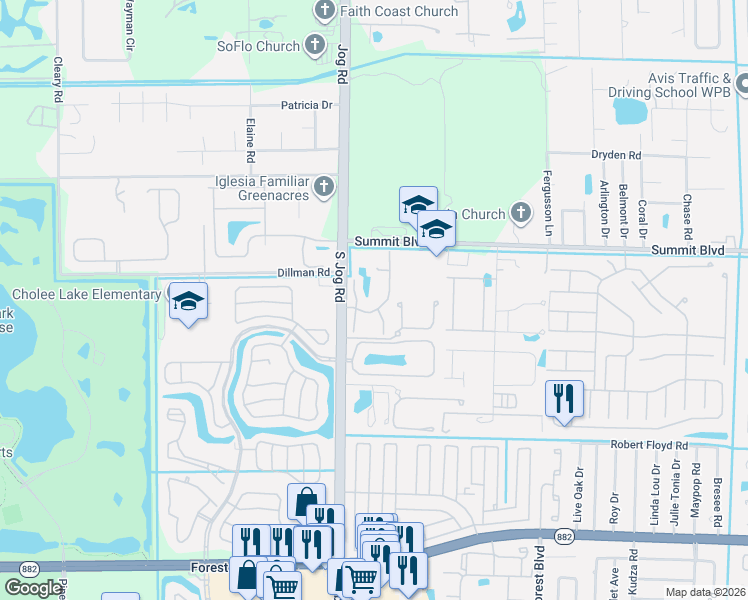 map of restaurants, bars, coffee shops, grocery stores, and more near 1270 Parkside Green Drive in Greenacres