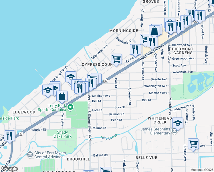 map of restaurants, bars, coffee shops, grocery stores, and more near 3654 Palm Beach Boulevard in Fort Myers