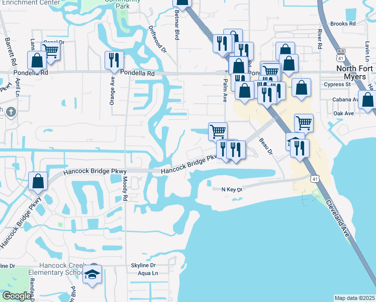 map of restaurants, bars, coffee shops, grocery stores, and more near 3501 Hancock Bridge Parkway in North Fort Myers