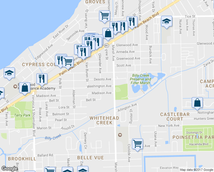 map of restaurants, bars, coffee shops, grocery stores, and more near 4132 Washington Avenue in Fort Myers
