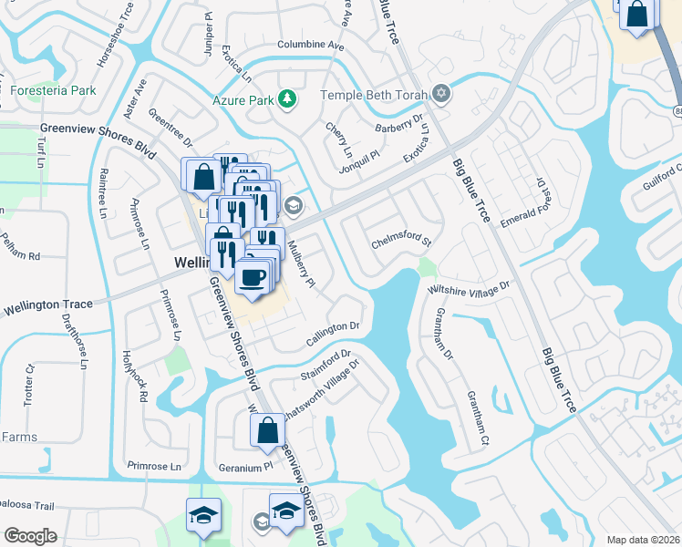 map of restaurants, bars, coffee shops, grocery stores, and more near 13614 Callington Drive in Wellington