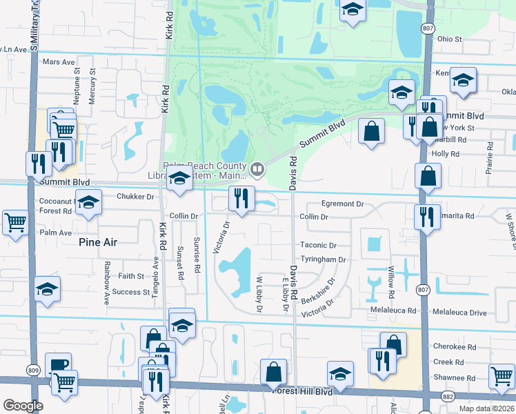 map of restaurants, bars, coffee shops, grocery stores, and more near 3627 Collinwood Lane in West Palm Beach