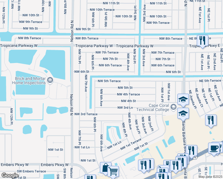 map of restaurants, bars, coffee shops, grocery stores, and more near 509 Northwest 4th Terrace in Cape Coral