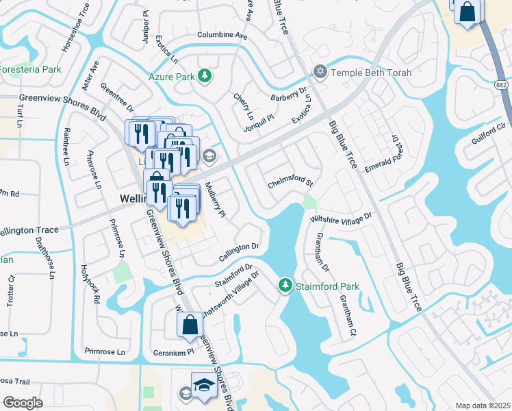 map of restaurants, bars, coffee shops, grocery stores, and more near 13614 Callington Drive in Wellington