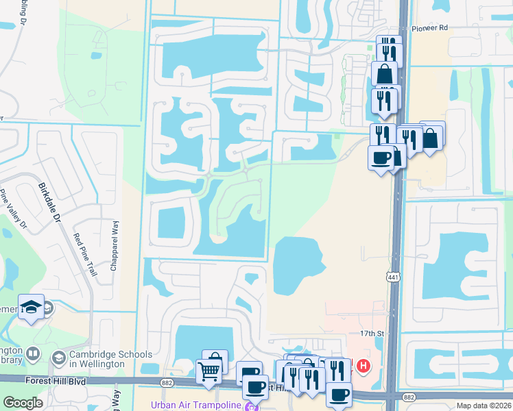 map of restaurants, bars, coffee shops, grocery stores, and more near 10448 Galleria Street in Wellington