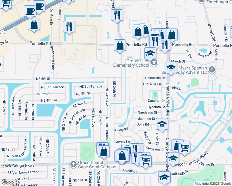 map of restaurants, bars, coffee shops, grocery stores, and more near 414 Northeast 25th Avenue in Cape Coral