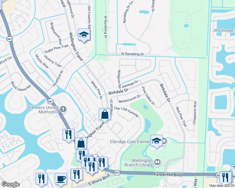 map of restaurants, bars, coffee shops, grocery stores, and more near 1416 Wyndcliff Drive in Wellington