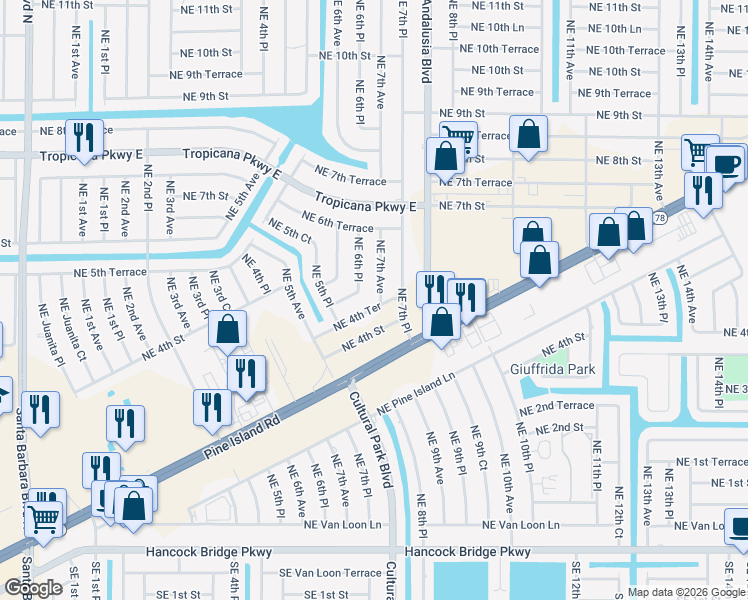 map of restaurants, bars, coffee shops, grocery stores, and more near 440 Northeast 7th Avenue in Cape Coral