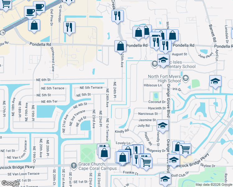 map of restaurants, bars, coffee shops, grocery stores, and more near 414 Northeast 25th Avenue in Cape Coral