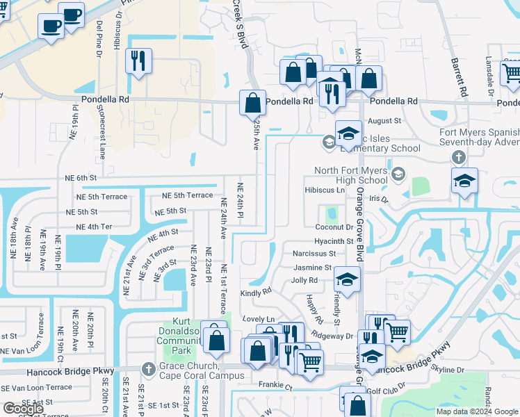 map of restaurants, bars, coffee shops, grocery stores, and more near 415 Northeast 25th Avenue in Cape Coral
