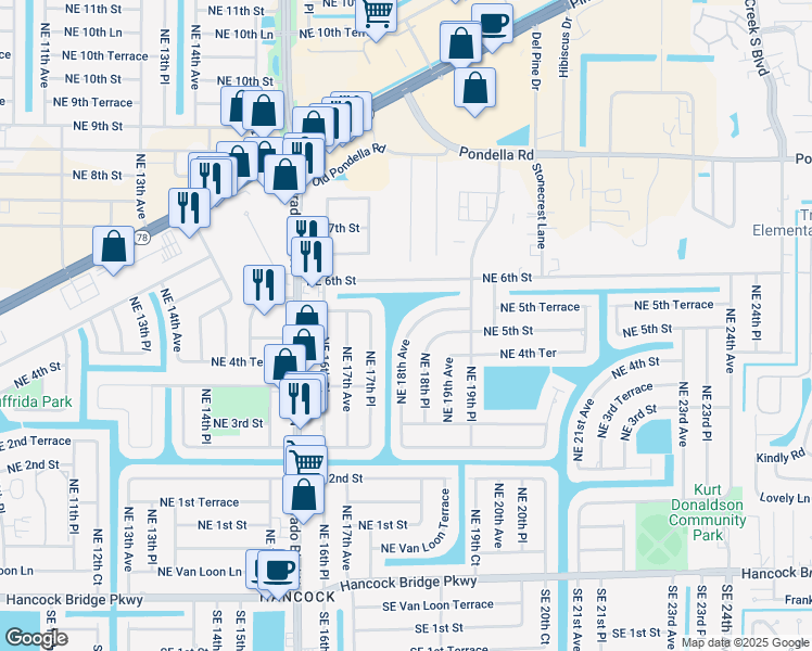 map of restaurants, bars, coffee shops, grocery stores, and more near 432 Northeast 18th Avenue in Cape Coral