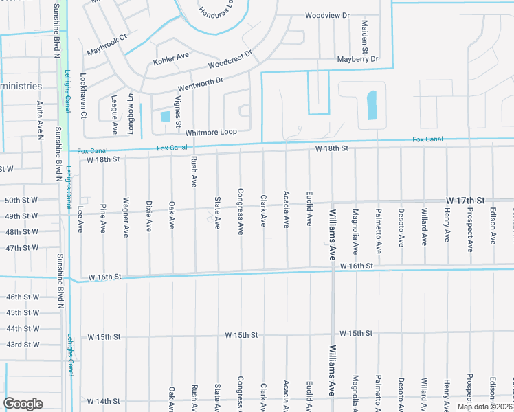 map of restaurants, bars, coffee shops, grocery stores, and more near West 17th Street in Lehigh Acres