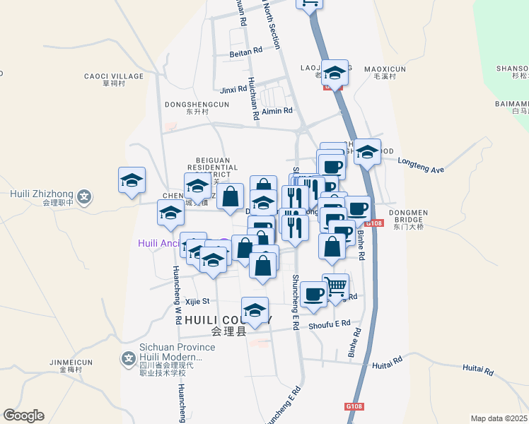 map of restaurants, bars, coffee shops, grocery stores, and more near Dong Guan in Liangshan Yizuzizhizhou