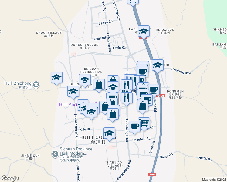 map of restaurants, bars, coffee shops, grocery stores, and more near Dong Guan in Liangshan Yizuzizhizhou