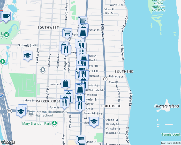 map of restaurants, bars, coffee shops, grocery stores, and more near 377 Palmetto Street in West Palm Beach