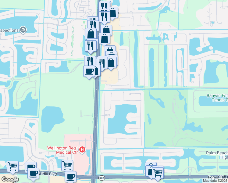 map of restaurants, bars, coffee shops, grocery stores, and more near 1274 Pebble Ridge Lane in West Palm Beach