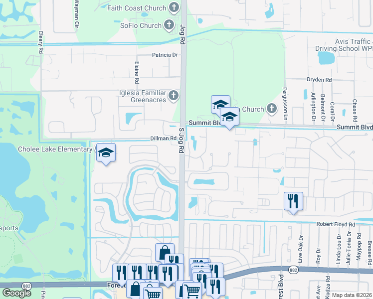 map of restaurants, bars, coffee shops, grocery stores, and more near 1160 Parkside Green Drive in Greenacres