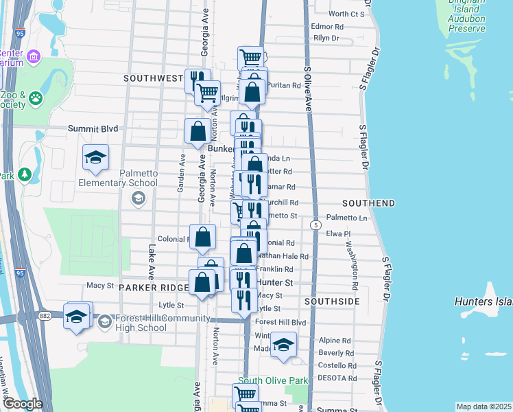 map of restaurants, bars, coffee shops, grocery stores, and more near 377 Palmetto Street in West Palm Beach