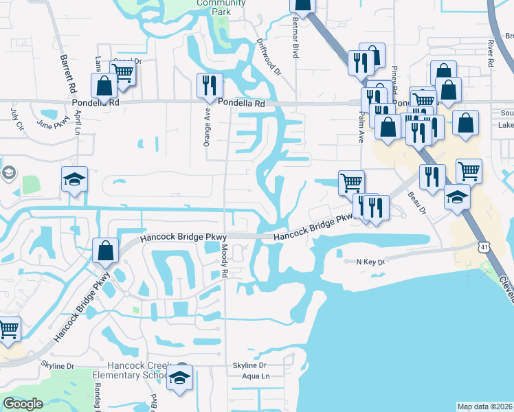 map of restaurants, bars, coffee shops, grocery stores, and more near 423 Seaworthy Road in North Fort Myers